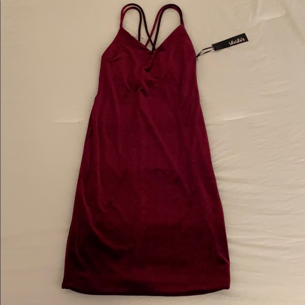 Lulu’s Wine Velvet Mini Dress With Crisscross Back